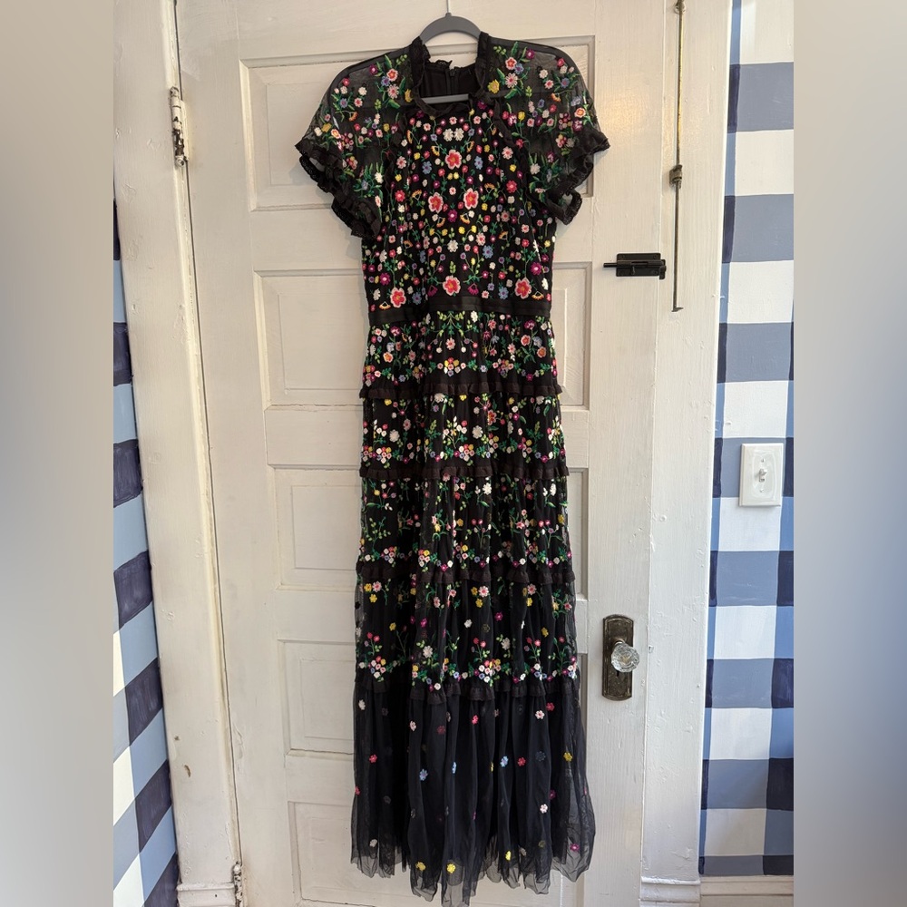 Needle and Thread long formal dress with embroidered flowers